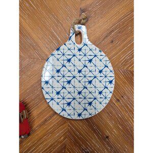 Blue & White Ceramic Round Serving Tray With Star Pattern & Rope Handle 10 in  X